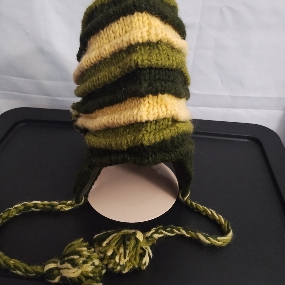 Risin International Nepal Wool Knit Trapper Hat Fleece Lined  Hanging Pom Poms
